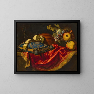 a mandolin with a music book on a blue and gold cushion with fruits on a partially draped ledge - Francesco Fieravino — framed artwork on a wall