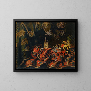 Still life with carpet and clock - Francesco Fieravino — framed artwork on a wall