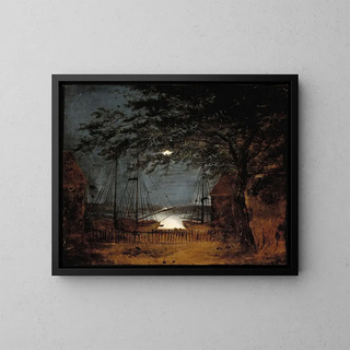 Port of the sea with boats in the moonlight - F M E Fabritius De Tengnagel — framed artwork on a wall