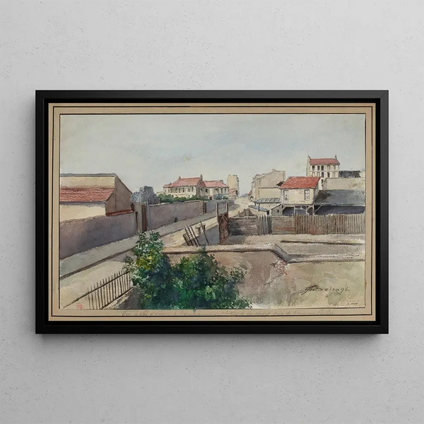 Bird's-eye view painting of the location of Vaugirard slaughterhouses taken from impasse Carlier - F. Seguin — framed artwork on a wall