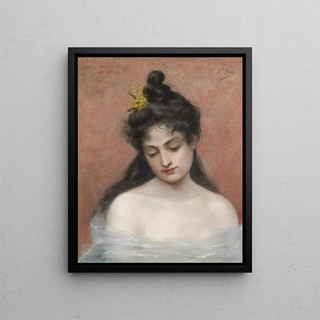 Portrait of a young woman - F. Sue — framed artwork on a wall