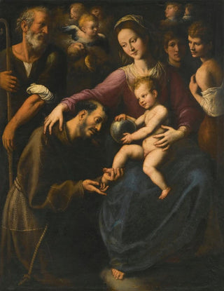 La Sainte Famille avec Saint François d'Assise adorant l'Enfant Jésus avec deux jeunes gens et des anges au-dessus - Fabrizio Santafede — artwork view