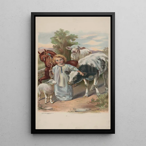 Child with lamb, horse and cows - Fair Pub House — framed artwork on a wall