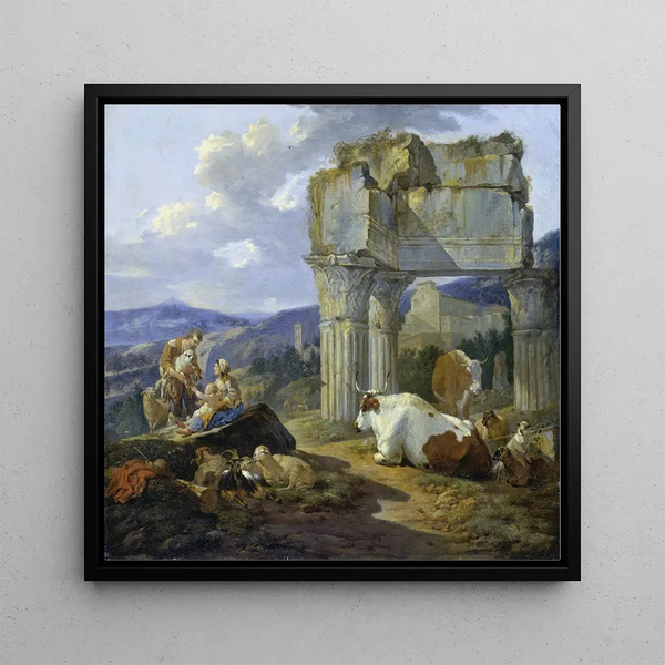 Roman shepherd family with their flock - Johann Heinrich Roos — framed artwork on a wall