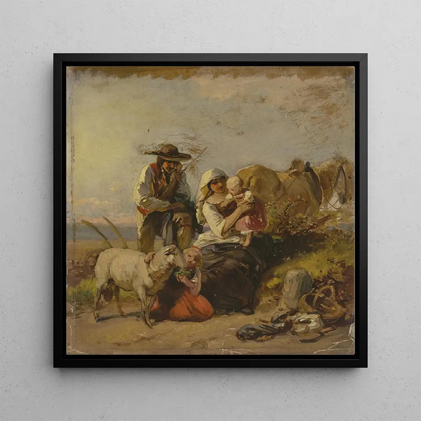 Family of peasants with horse and goat in the field - Jakob Becker — framed artwork on a wall