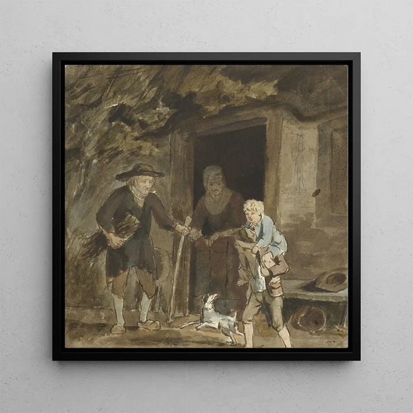 Family of peasants in front of their house door - Simon Andreas Krausz — framed artwork on a wall