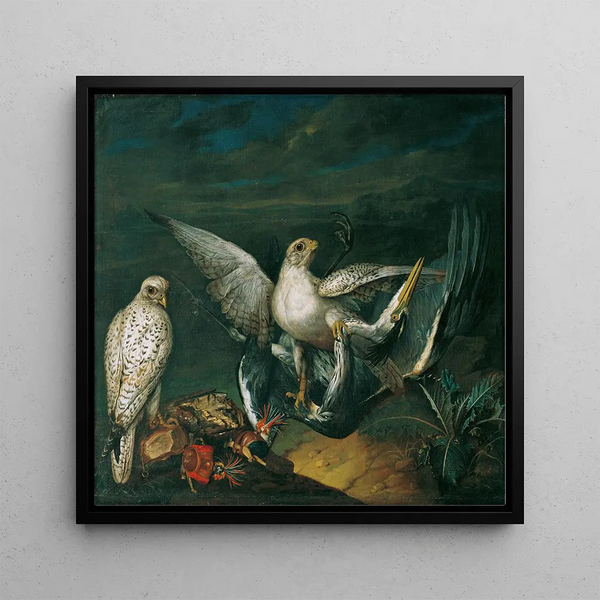 Hunting Falcons painting with a heron - Philipp Ferdinand de Hamilton — framed artwork on a wall