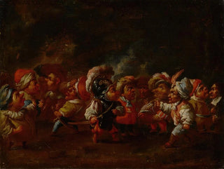 A group of dressed-up dwarfs in conversation and preparing for battle - Faustino Bocchi — artwork view