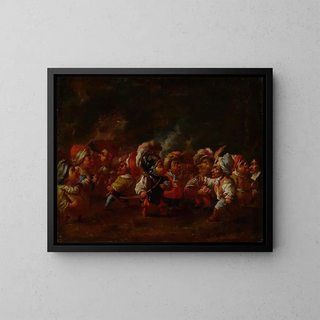 A group of dressed-up dwarfs in conversation and preparing for battle - Faustino Bocchi — framed artwork on a wall