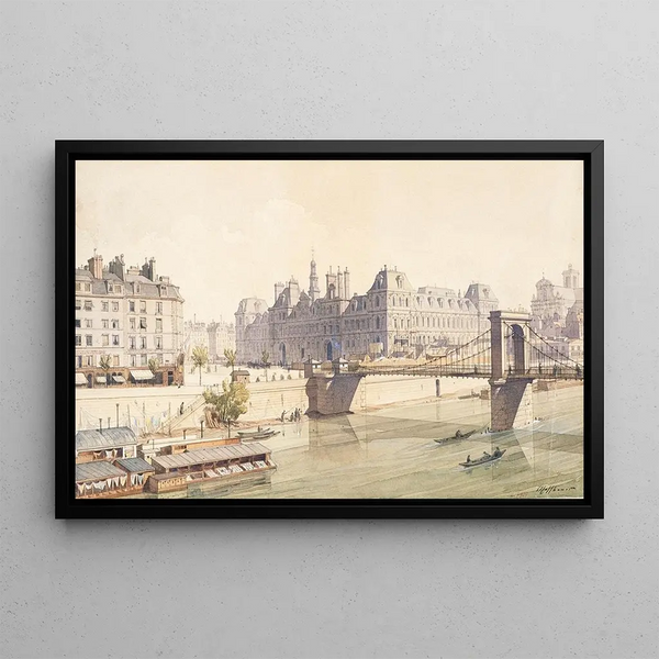 L'Hôtel de Ville and the Arcole Bridge in 1842 - Fédor Hoffbauer — framed artwork on a wall