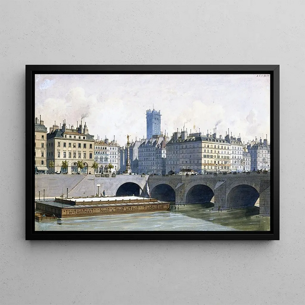 View of the Châtelet Square and the Pont aux Changes in 1830 - Fédor Hoffbauer — framed artwork on a wall