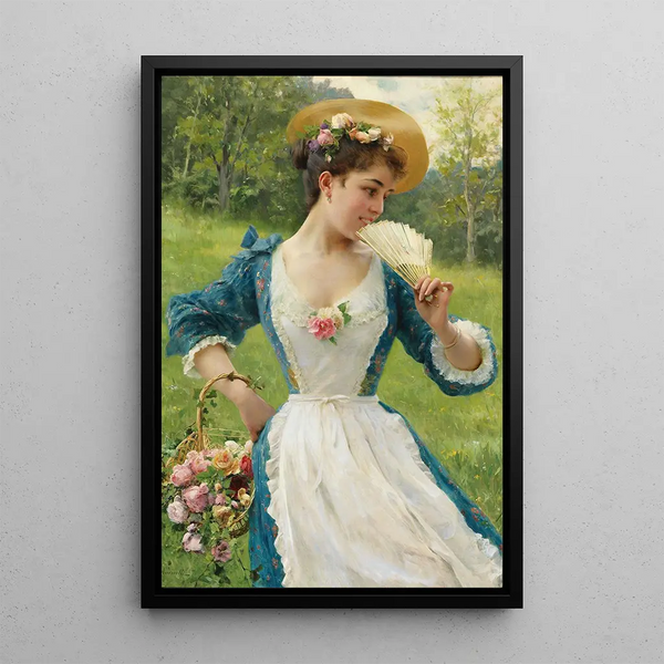 Young beauty with a basket of roses - Federico Andreotti — framed artwork on a wall