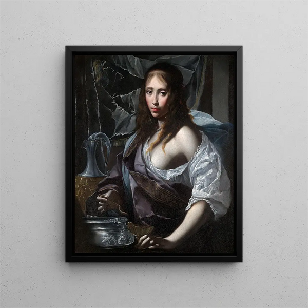 Artemisia prepares to drink the ashes of her husband's mausoleum - Felice Ficherelli — framed artwork on a wall