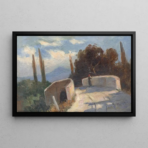 Bridge with cypresses - Felicjan Moczik — framed artwork on a wall