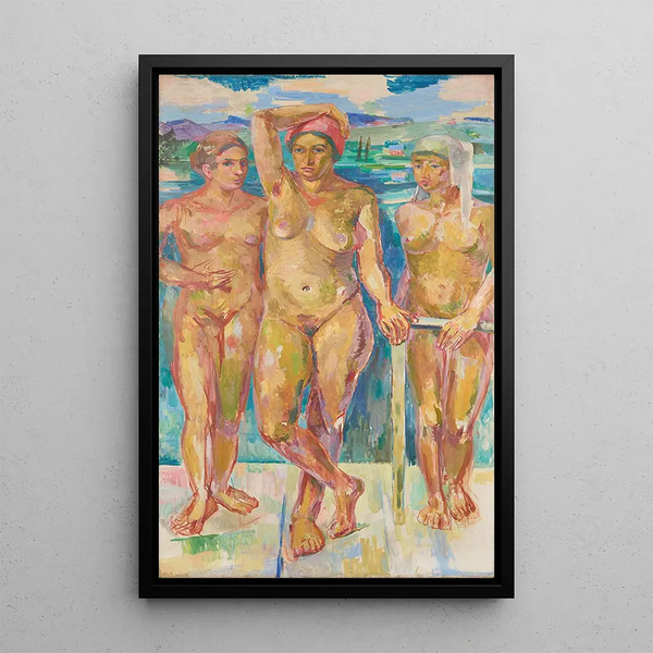 Three Nudes in Front of a Lake - Felix Esterl — framed artwork on a wall