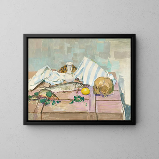 Nature morte avec crâne et poissons - Felix Esterl — framed artwork on a wall