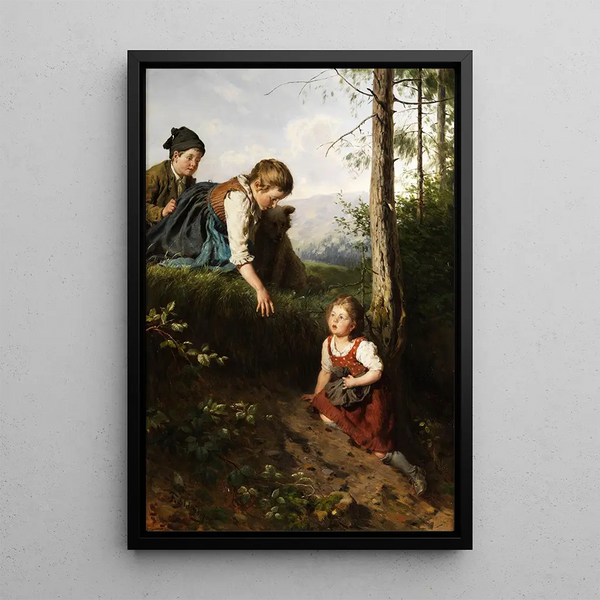 Three children in the forest picking berries - Felix Schlesinger — framed artwork on a wall