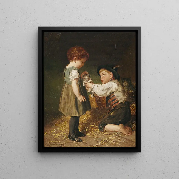 Two children with kittens in the stable - Felix Schlesinger — framed artwork on a wall