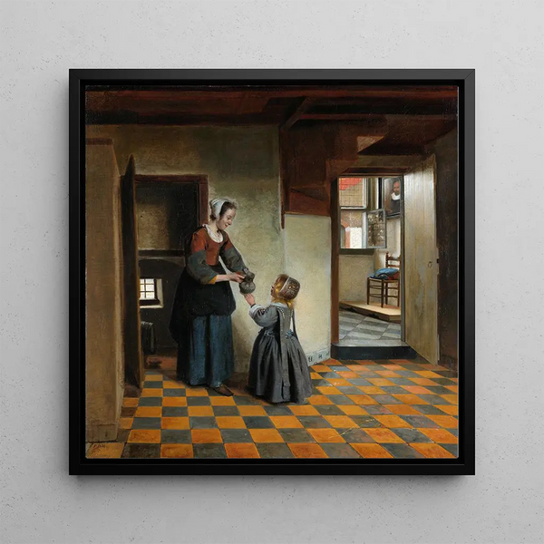 a woman with a child in a pantry - Pieter De Hooch — framed artwork on a wall