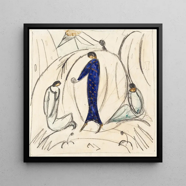 Woman in Blue with Two Escorts - Hermann Stenner — framed artwork on a wall