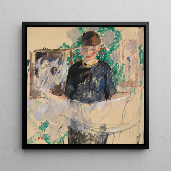 Woman in black reading a newspaper - Rik Wouters — framed artwork on a wall