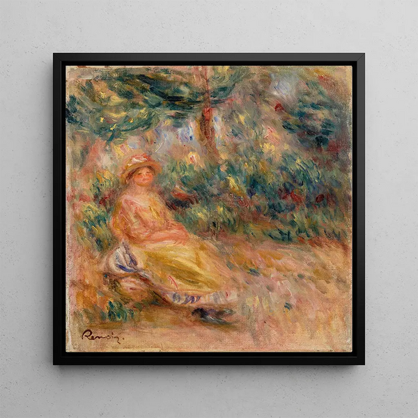 a woman in pink and yellow in a landscape - Pierre-Auguste Renoir — framed artwork on a wall