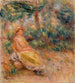a woman in pink and yellow in a landscape - Pierre-Auguste Renoir — artwork view