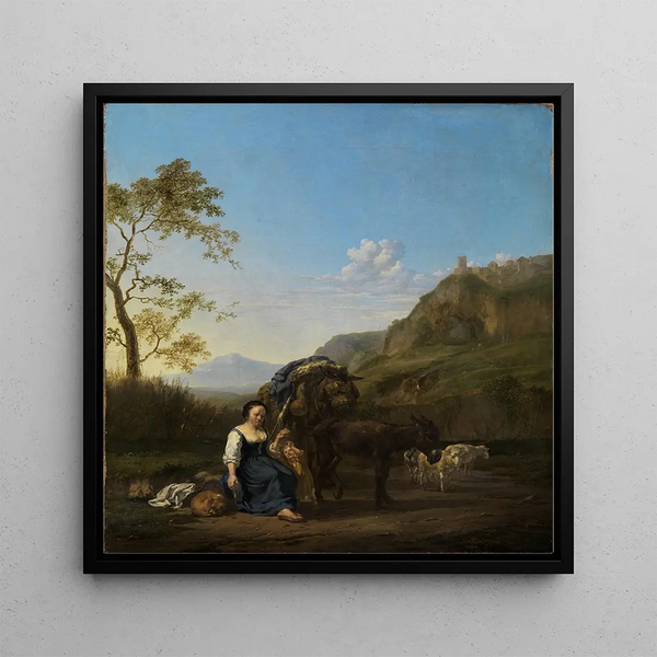 Woman spinning in an Italian mountain landscape - Karel Dujardin — framed artwork on a wall