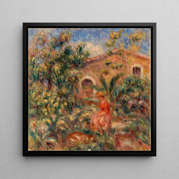 Woman and dog in a landscape - Pierre-Auguste Renoir — framed artwork on a wall