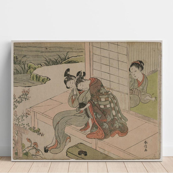 Reproduction of the painting of a woman observing a young couple kissing on a veranda - Suzuki Harunobu