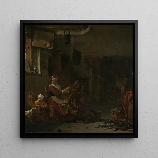 Peasant Woman Spinning - Thomas Wijck — framed artwork on a wall