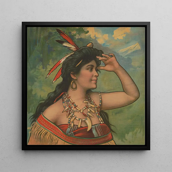 Woman wearing feathers in her hair looking into the distance - Campbell Metzger Jacobson — wall display of the artwork