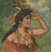Woman wearing feathers in her hair looking into the distance - Campbell Metzger Jacobson — displayed in an interior