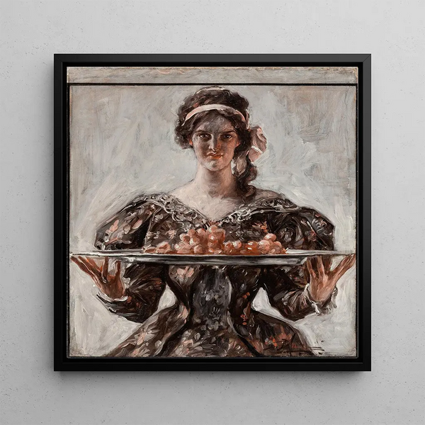 a Woman presenting a feast platter - Albert Beck Wenzell — framed artwork on a wall