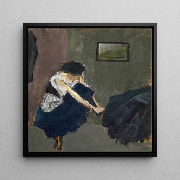 Woman Removing Her Shoes - Ernst Schiess — framed artwork on a wall