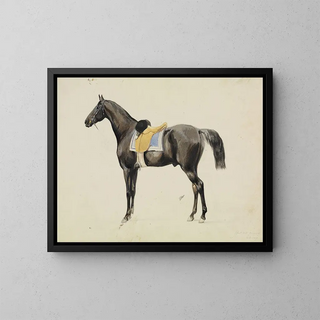 Horse saddle seen from the side, standing on the left - Feodor Dietz — framed artwork on a wall