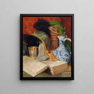 Still life with folios and helmet - Ferdinand Beer — framed artwork on a wall