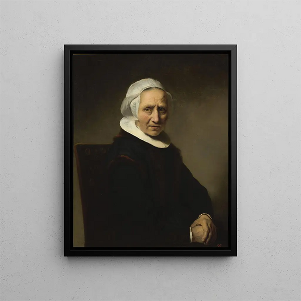 Portrait of an Old Woman with a White Bonnet - Ferdinand Bol — framed artwork on a wall