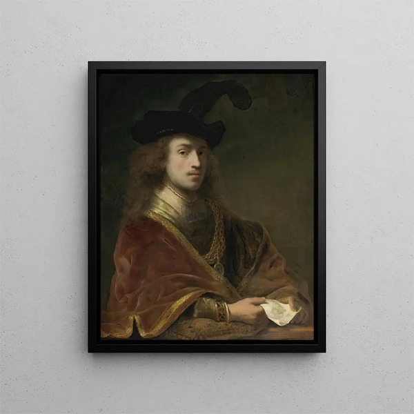 Self-portrait behind a parapet - Ferdinand Bol — framed artwork on a wall