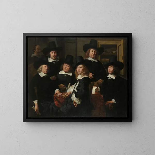 the Six Regents and the Preceptor of the Nieuw Zijds Institute for External Assistance to the Poor, Amsterdam 1657 - Ferdinand Bol — framed artwork on a wall