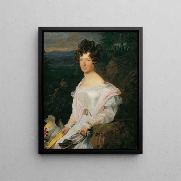 Dame in white dress in front of a Viennese forest landscape - Ferdinand Georg Waldmüller — framed artwork on a wall