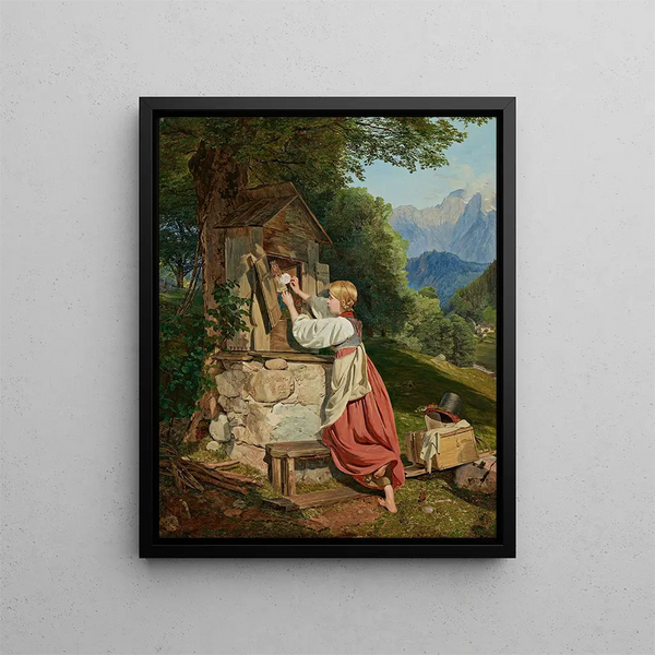 A girl decorates the Mother of God with a rose - Ferdinand Georg Waldmüller — framed artwork on a wall