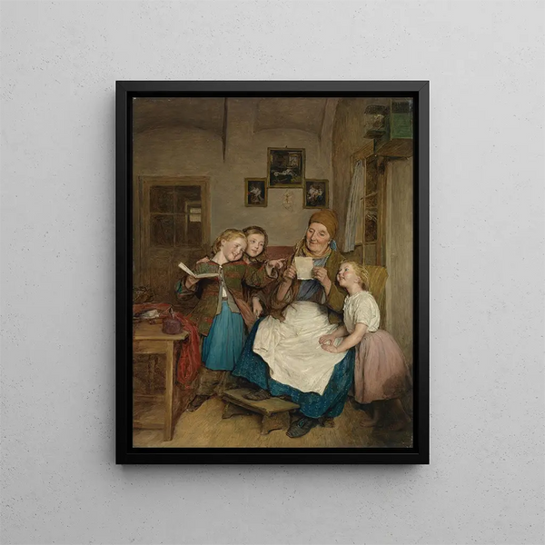 Grandmother with three grandchildren - Ferdinand Georg Waldmüller — framed artwork on a wall