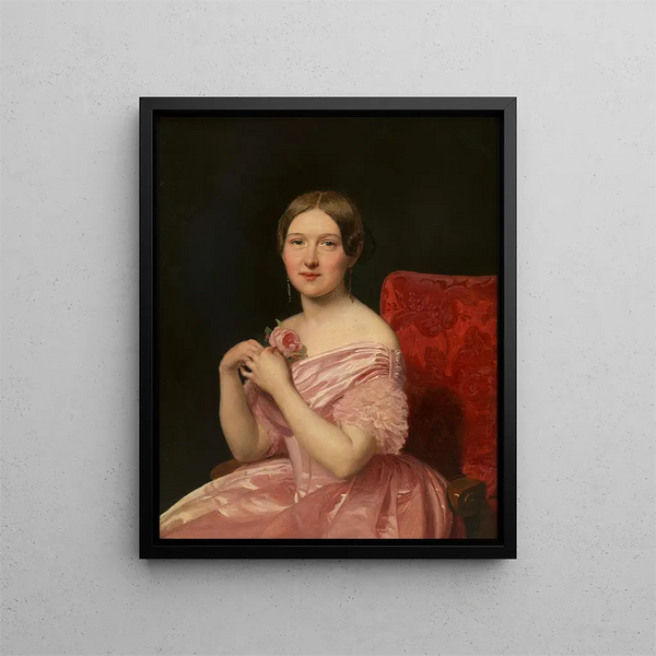 Young woman in pink satin dress - Ferdinand Georg Waldmüller — framed artwork on a wall