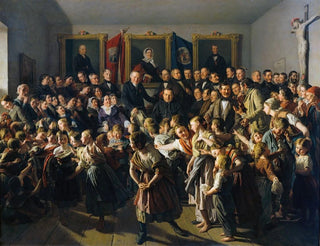 The children from poor families are helped by the municipality of Spittelberg on the occasion of St. Michael's Day with winter clothing. - Ferdinand Georg Waldmüller — artwork view