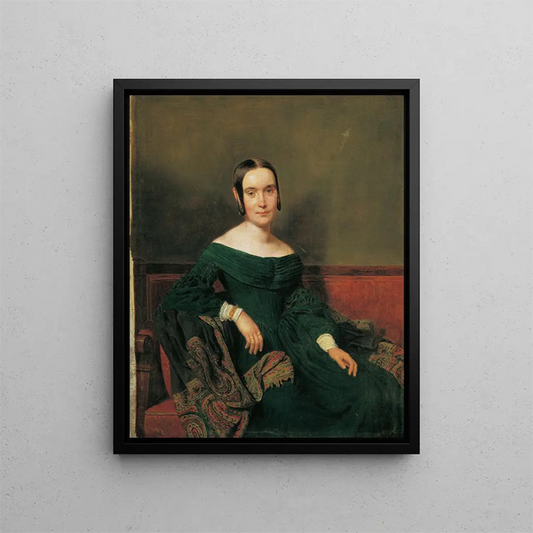 Dame in Vermilion Dress - Ferdinand Georg Waldmüller — framed artwork on a wall