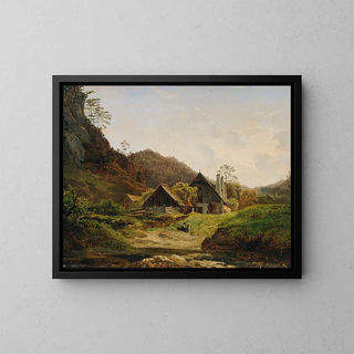 Landscape painting with forge - Ferdinand Georg Waldmüller — framed artwork on a wall