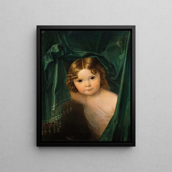 Girl under a green curtain - Ferdinand Georg Waldmüller — framed artwork on a wall