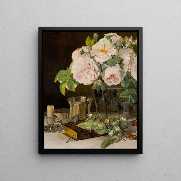 Nature morte de roses dans un verre avec des roses, un chandelier et une coupe en argent - Ferdinand Georg Waldmüller — framed artwork on a wall