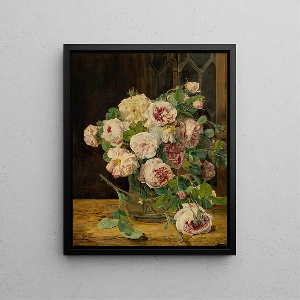 Bouquet de roses à la fenêtre - Ferdinand Georg Waldmüller — framed artwork on a wall